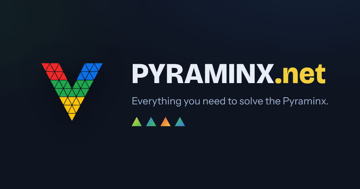The Pyraminx.net banner: a V-shaped logo built from red, green, blue and yellow triangles beside the site name and the tagline 'Everything you need to solve the Pyraminx.'